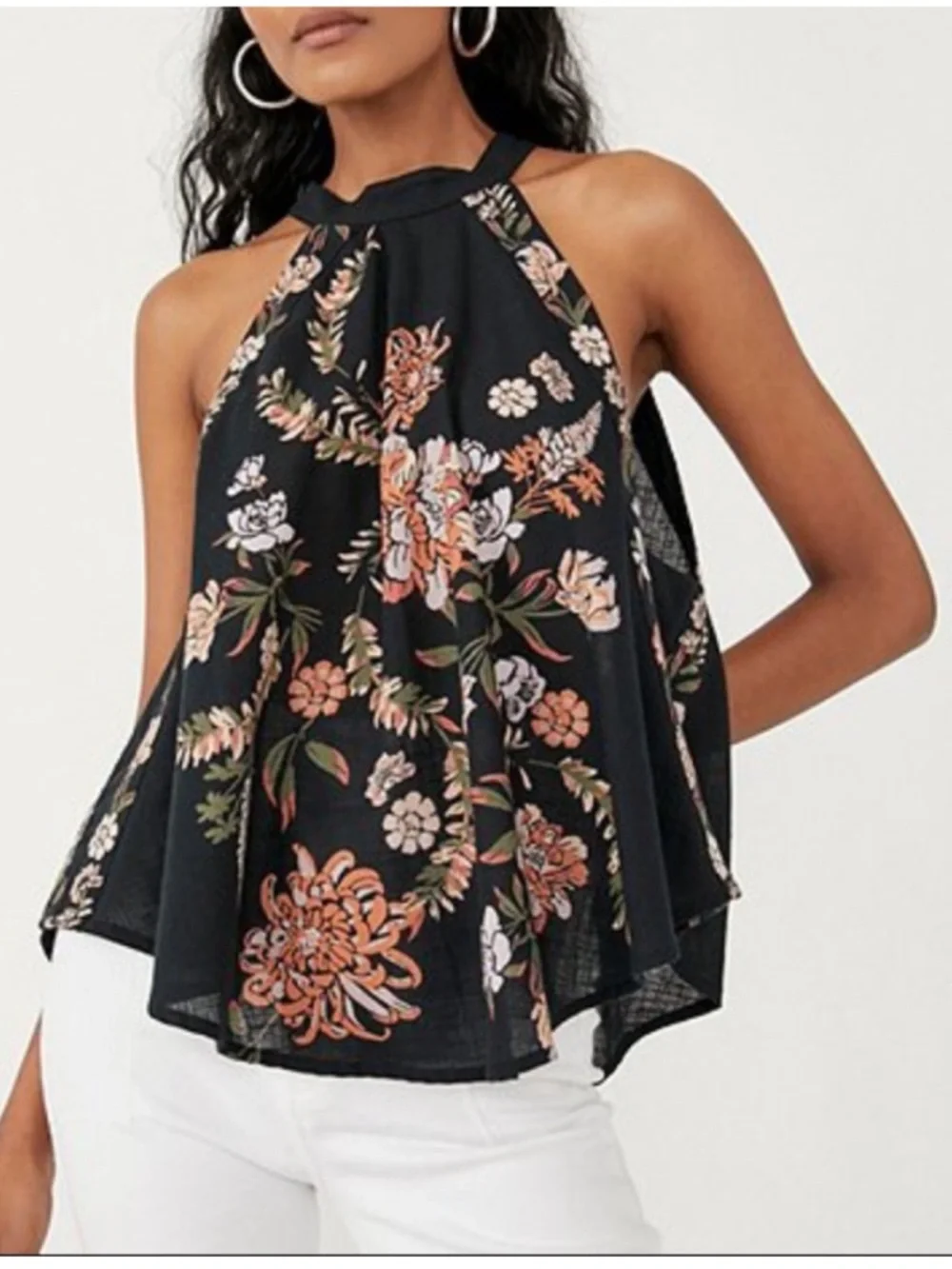 Free People Emily Black Floral Halter Women's Top size medium - Picture 1 of 9